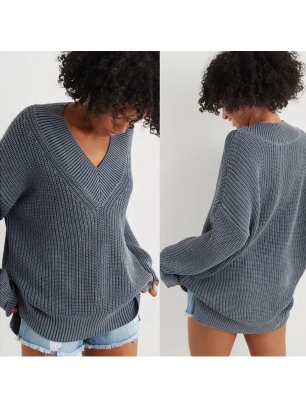 Aerie Wide V-Neck Oversized Sweater Blue M
